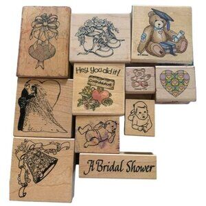 Wooden Rubber Stamps Lot Wedding Baby Graduation Heart Mixed Designs Craft Set